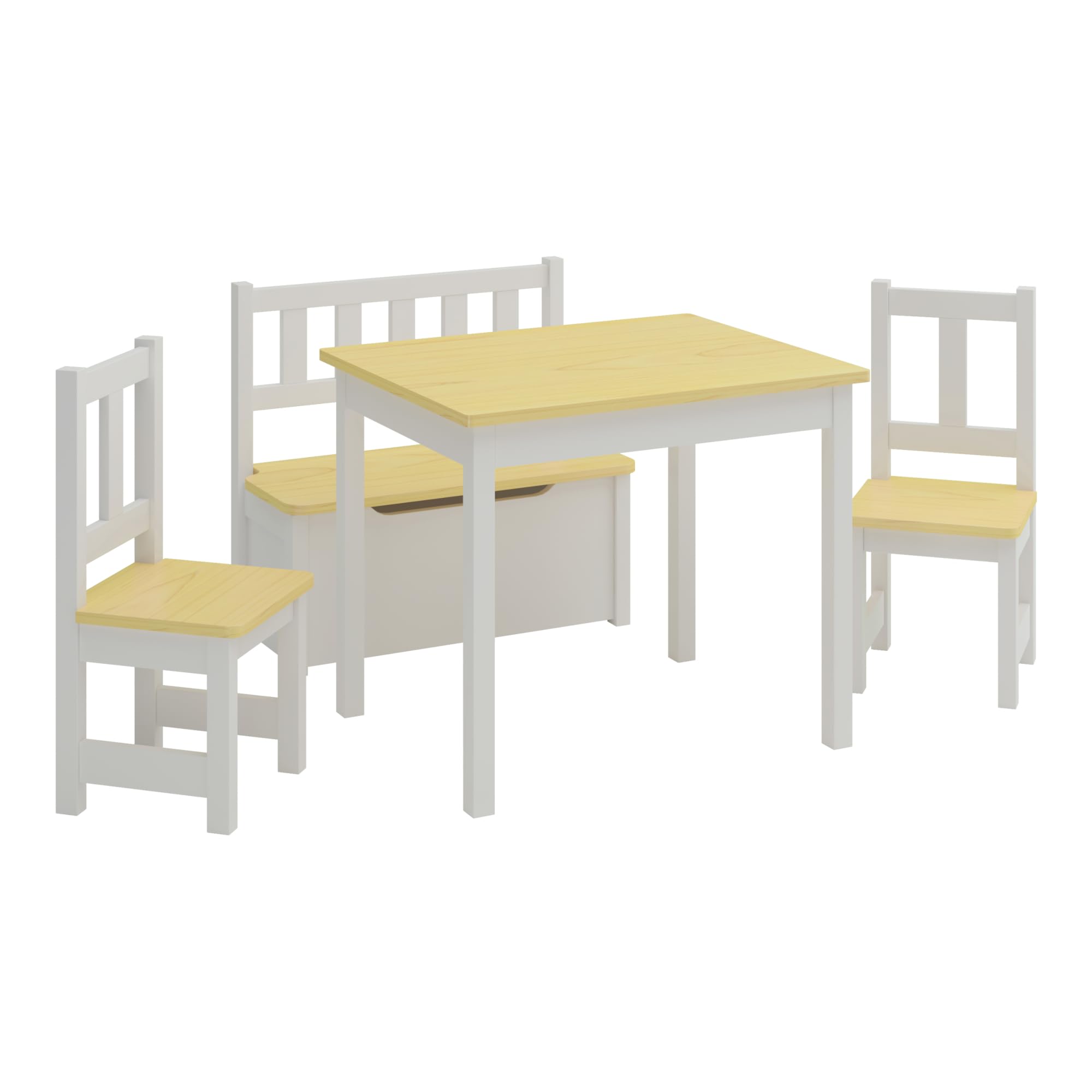 [en.casa] Kindertischset Lousame mit aufklappbarer Sitzbank und 2 Stühlen Kindertisch-Set Kindermöbel Sitzgruppe Kiefernholz Natur/Weiß