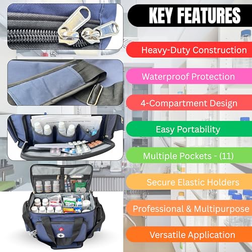 Image of PAHAL 18 inch Multi-Function Doctor First Aid Bag | Waterproof Medical Kit, 8 Pockets, 3 Compartments | Trauma, Vaccination, Emergency Bag for Clinic, Hospital, Home & Industrial Use (Blue)