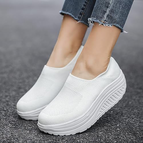 Image of Women's Knitted Platform Slip On Walking Sneakers,Comfort Lightweight Arch Support Non Slip Casual Mesh Breathable Workout Work Shoes
