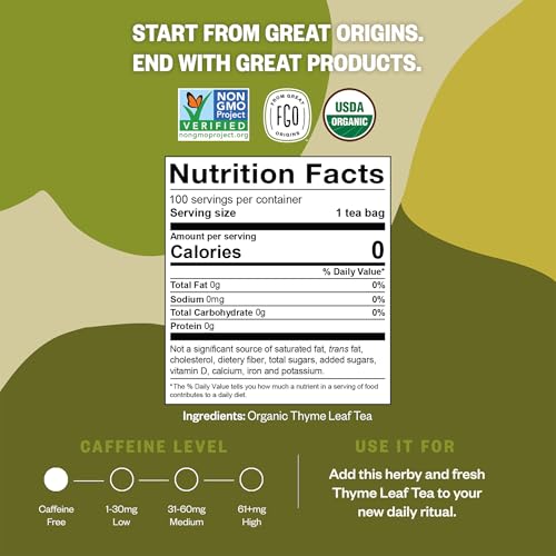 Image of FGO Organic Thyme Leaf Tea, 100 Count, Eco-Conscious Tea Bags, Caffeine Free, Resealable Bag, Packaging May Vary (Pack of 1)