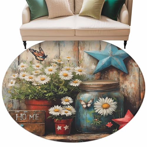 Round Area Rug for Living Room Bedroom, Watercolor Daisies Start