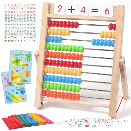 Gotoofun Wooden Abacus for Kids Math, Counting Toys for Toddlers Montessori Counters Beads Tools Preschool Homeschool Essentials with Sticks and Number Alphabet Cards