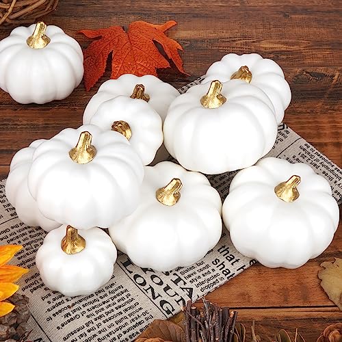 Image of Artmag Artificial Pumpkins Bulk 12Pcs Assorted Sizes Harvest Lifelike Pumpkin Fake Foam Pumpkin for Fall Autumn Halloween Home Party Thanksgiving Party Holiday Decor White