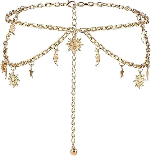 Gold Waist Chain for Women Multilayer Chain Belt Sun Moon Star Layered Belly Body Chain Trendy Elegant Jewelry Accessories (Gold)