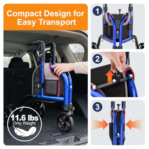 Image of 3 Wheel Walkers for Seniors, Foldable Narrow Wheeled Rollator, Blue