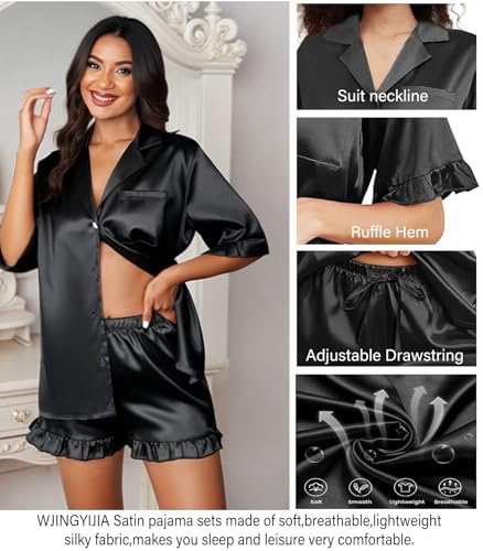 Womens Silk Pajamas Set XS-4XL Button Down Satin Pajama Sets Silky Pj Set Ruffle Sleepwear Lounge Set Nightwear4