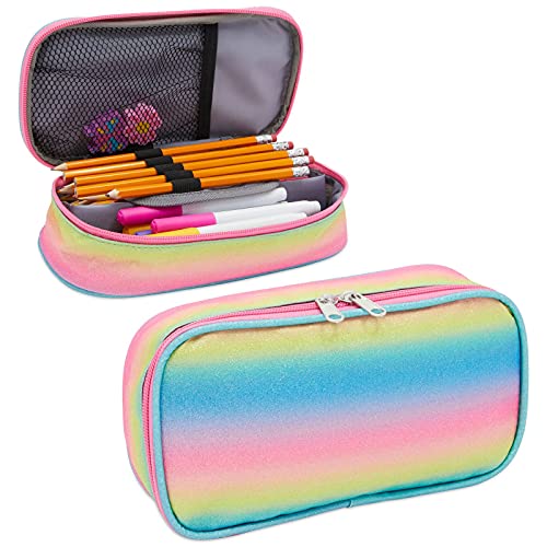 Image of Bright Creations Rainbow Glitter Pencil Case for Girls, Marker & Art Supply - Large Compressible Pouch for School and Office - 9 x 4.6 In Rainbow Pencil Box - Pen Case
