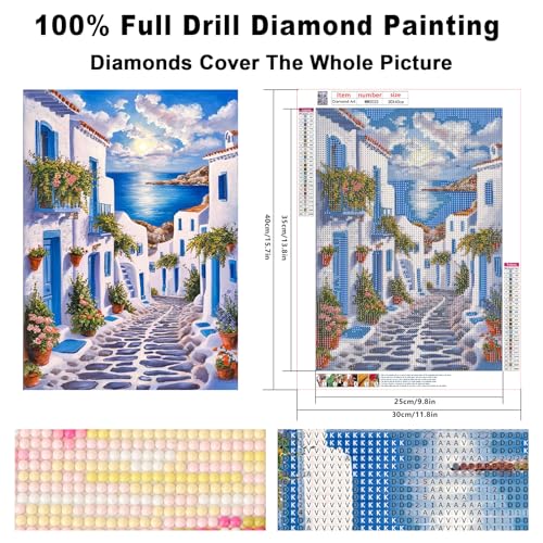 Image of Santorini Greece Diamond Art Kits for Adults, Landscape Diamond Painting Kits, Seaside Scenery 5D DIY Full Drill Diamond Dots Paint with Diamonds Gem Arts and Crafts for Home Wall Decor 12x16 inch