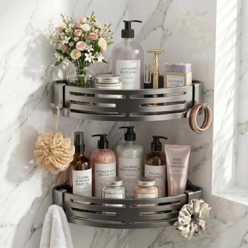 2 PCS Corner Shower Caddy Suction Cup, Rustproof Aluminum Shower Shelves with Hooks, No-Drilling Upgrade Bionic Suction Cup Shower Organizer, Removable Bathroom Storage Corner Shelf(Grey)