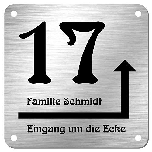 Edelstahl Hausnummer Namensschild Hinweisschild mit Pfeil und individueller Laser-Gravur * Modell 17 Eingang um die Ecke (100 mm x 100 mm)