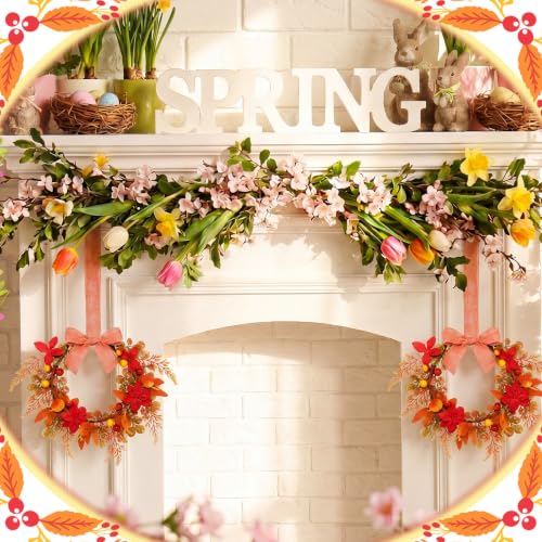 Image of Dingion 6 Pcs 6 inch Fall Mini Cabinet Wreaths for Kitchen with Ribbon Bows Ribbon Leaves Berries Flower Fall Artificial Wreath Small Window Decorative Garland for Autumn Thanksgiving Farmhouse Decoration