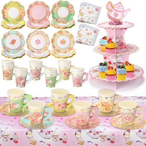 Yungyan 110 Pcs 36 Guests Tea Birthday Party Supplies Disposable Tableware Set Include 6' Paper Plates 9 oz Cups with Handle 3 Tier Floral Cake Stand Napkins Tablecloth for Floral Party Wedding