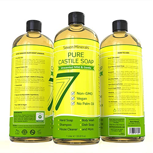 EWG Verified Castile Soap 33.8 fl oz - No Palm Oil, GMO-Free - Unscented Mild & Gentle Liquid Soap For Sensitive Skin & Baby Wash - All Natural Vegan Formula with Organic Carrier Oils