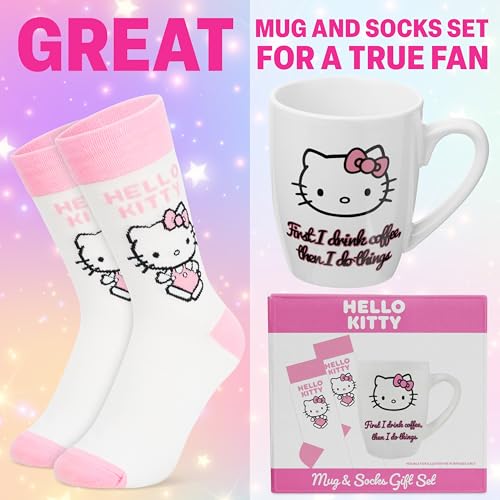 Image of Get Trend Hello Kitty Sanrio 11oz Mug and Socks Set, Kawaii Crew Socks Ceramic Coffee Mug Microwave Safe, Gifts for Women, Wife, Girlfriend (Pink /White Hello Kitty)