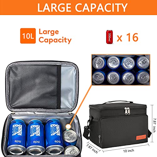 Musejoy Insulated Lunch Bag For Women/Men -16-Can (10L) Reusable Lunch Box For Office Work Picnic Hiking Beach - Freezable Lunch Bag With Adjustable Shoulder Strap-Black #TOP2