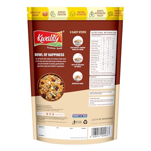 Image of Kwality Muesli Jaggery, Fruits, Seeds & Crunch 400g | Goodness Millets Brown Rice & Oats | 66% Multi Grain Mix Natural Sweetener | High-Fibre, Multigrain Breakfast Cereal with Crunch & Nutrition | Natural sweetner Jaggery