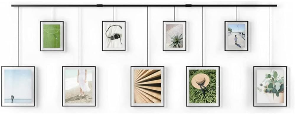 Umbra Exhibit Wall Frame with Metal Rod for Hanging-Rimless Design-Suitable for Living Room Black & Exhibit Picture Frame Gallery Set Adjustable Collage Display for 5 Photos, 5 Opening, Black Legacy