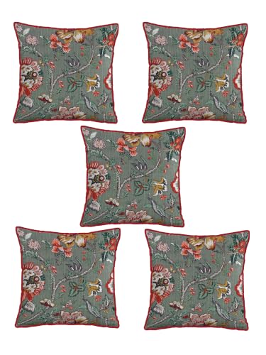 Image of Pure Cotton Quilted Cushion Cover 16x16 Inch | Anokhi Print Decorative Throw Pillow Cover | Soft Cotton Sofa Cushion Cover with Hidden Zipper | Living Room Bedroom Home Decor