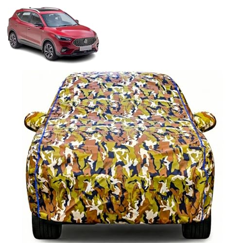 Image of Waterproof Car Body Cover for MG Astor with Mirror Pocket| Cotton Inner Lining | Triple Stitched | All Weather Protection | Dust, UV & Rain Proof (Camouflage with Blue Piping)