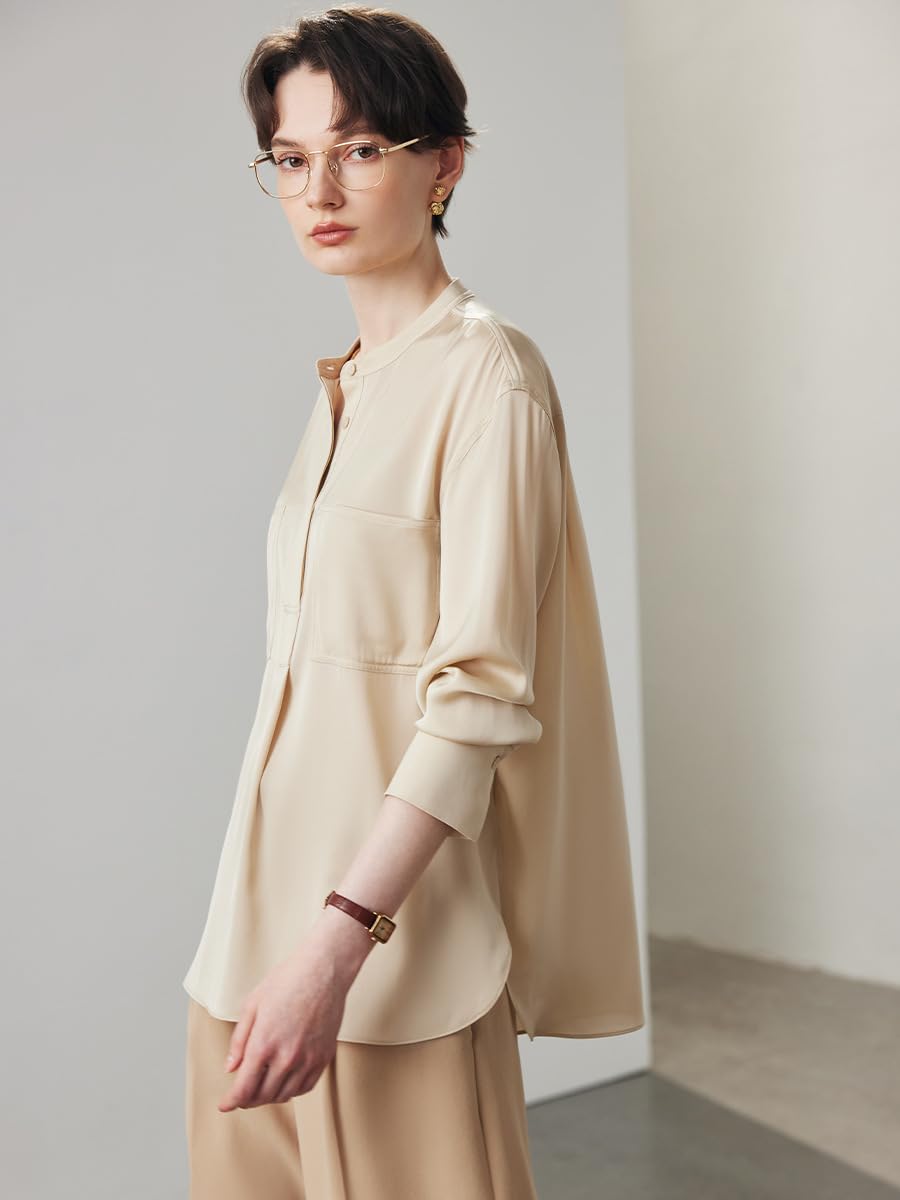 Camisa de Oficina Holgada de Seda con Cuello Alto para Mujer
