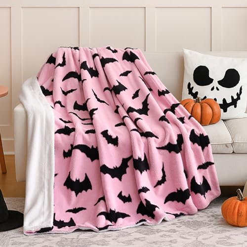 weigelia Halloween Throw Blanket - Pink Cute Bat Design Fleece Throw for Decorating Couch Bed Sofa, Soft Cozy Plush Halloween Blanket Gift for Kids Women, 50'' x 60''