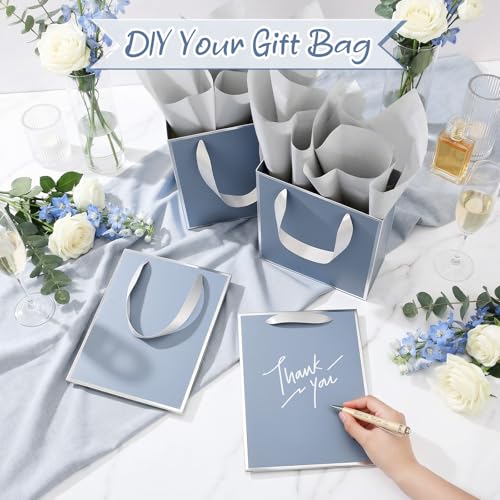 Image of Yeaqee 24 Pack Metallic Paper Gift Bags, Dusty Blue, Silver | with Satin Ribbon Handle and Tissue, 9x7x3.1 Inch, Suit Business, Birthday, Christmas, Thank You Return Gifts Bags
