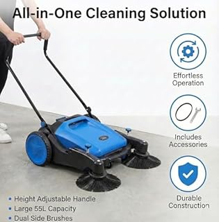 KATSU Tools Manual Sweeper, 2 Side Brushes, 55L Waste Container, 1050mm Sweeping Width, Adjustable Foldable Handle, Non-Electric Walk-Behind Hand Push Floor Sweeper for Indoor and Outdoor 335140