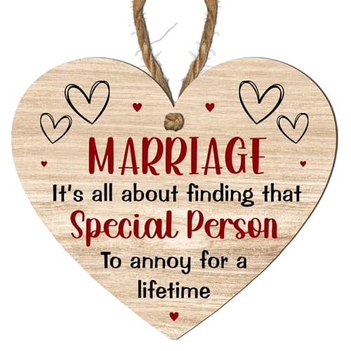 Humorous Marriage Plaque – "Marriage: It’s All About Finding That Special Person to Annoy for a Lifetime" – Quirky Heart-Shaped Wooden Wall Sign – MDF Home Décor Gift for Couples or Newlyweds