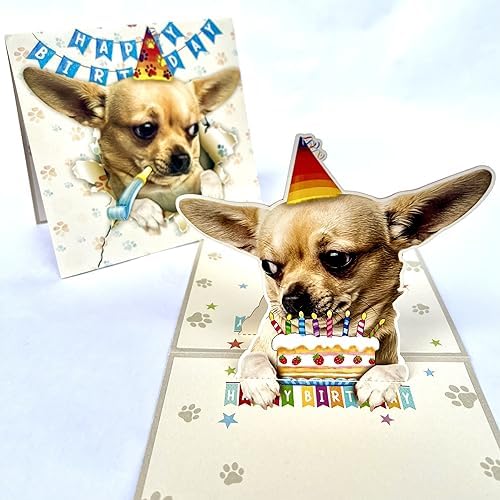 Momapopup Fawn Chihuahua Birthday Card 3D Pop Up โ Light Fawn Chihuahua with Party Hat & Birthday Cake, Funny Birthday Card for Chihuahua Lovers, Fawn Chi Mom Dad Gift, 6x6 Inch, Includes Envelope โ image 1