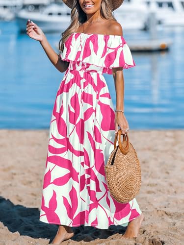 Image of CUPSHE Women Ruffle Floral Maxi Summer Dress Off Shoulder Short Sleeve Backless Flounce Bodice Slit Hem Beach Dresses
