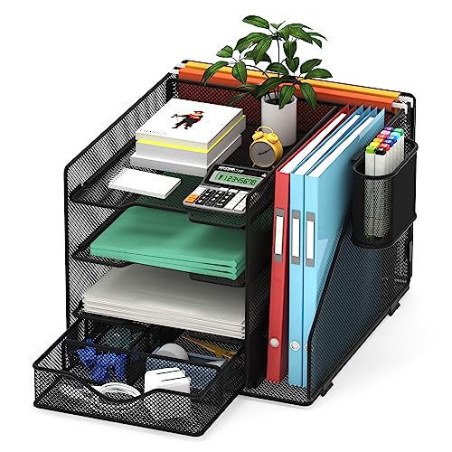 BOHDK Organizador de escritorio, organizador de archivos de escritorio de malla con 2 espacios para archivos verticales, organizador de bandeja de papel de 4 niveles con cajón y soporte para