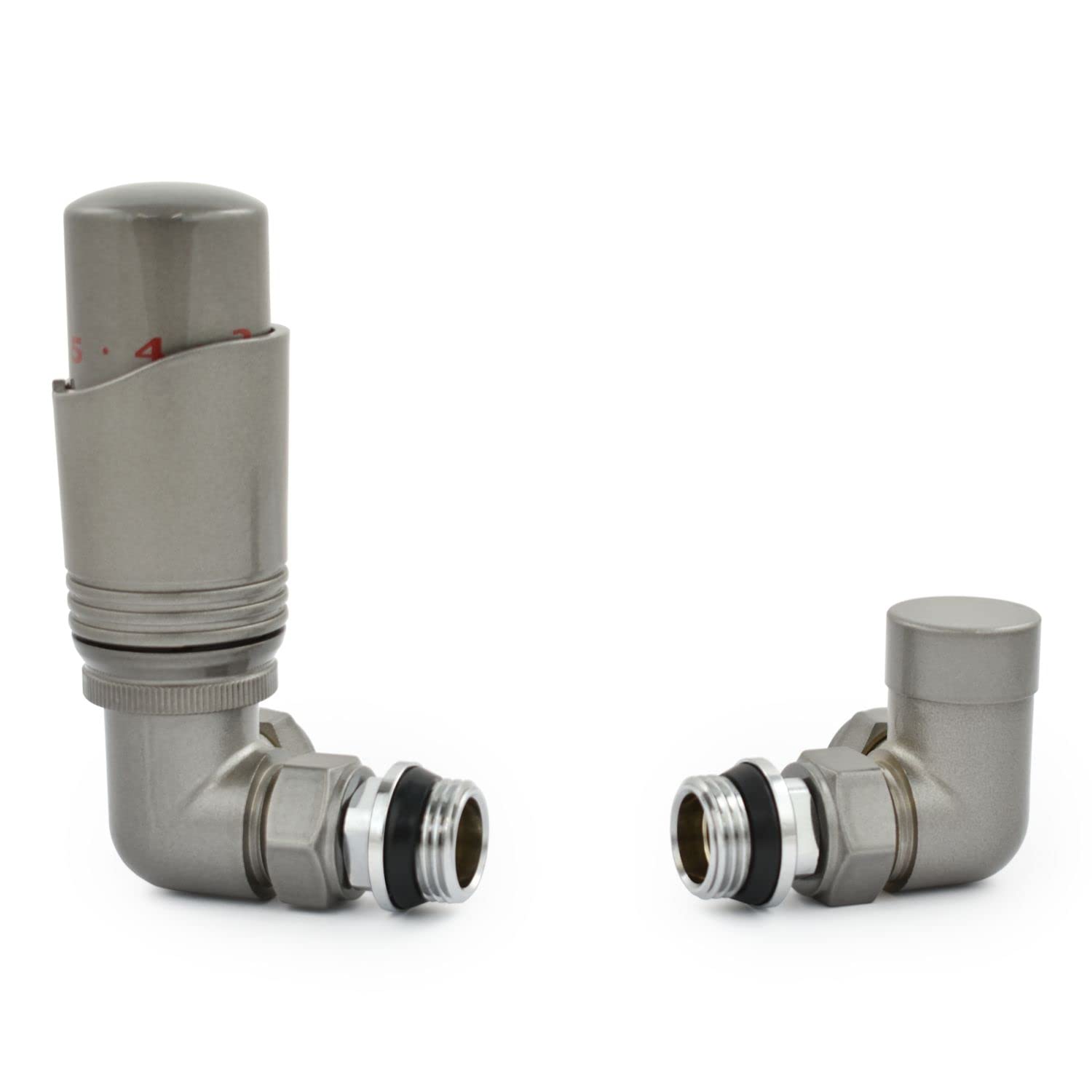 Hot Flow Gloss Metallic Grey Cascade Corner Modern TRV Thermostatic Radiator Valve (Pair) Includes A Corner TRV Body & One Lock Shield. for Quick & Easy Temperature Control. Perfect for Energy Saving — image 1