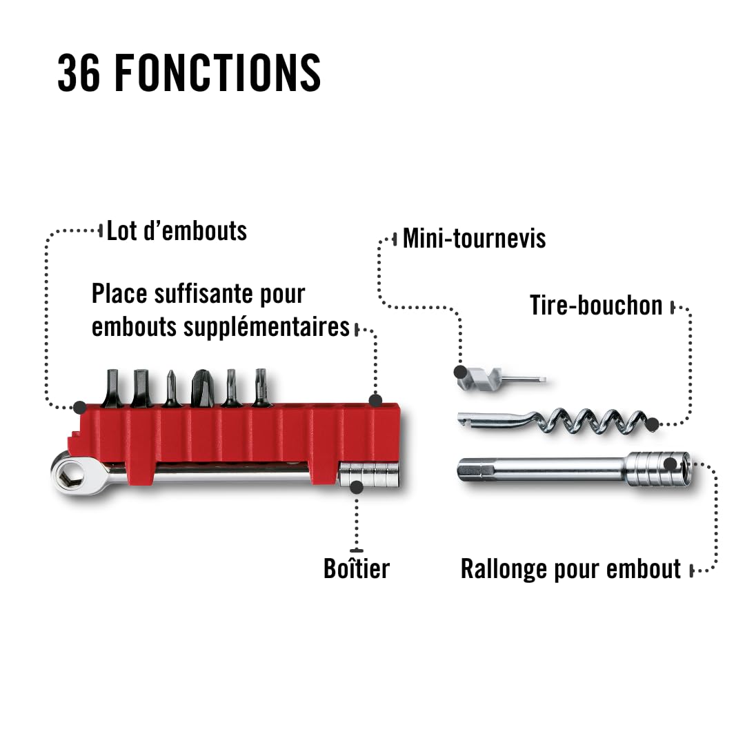 VICTORINOX Outil Multifonction Swiss Tool Spirit X Plus Ratchet, 36 Fonctions, Swiss Made, Outil Multifonction avec Lame Blocable et Pince à Bec, y c. Étui en Cuir, Argent