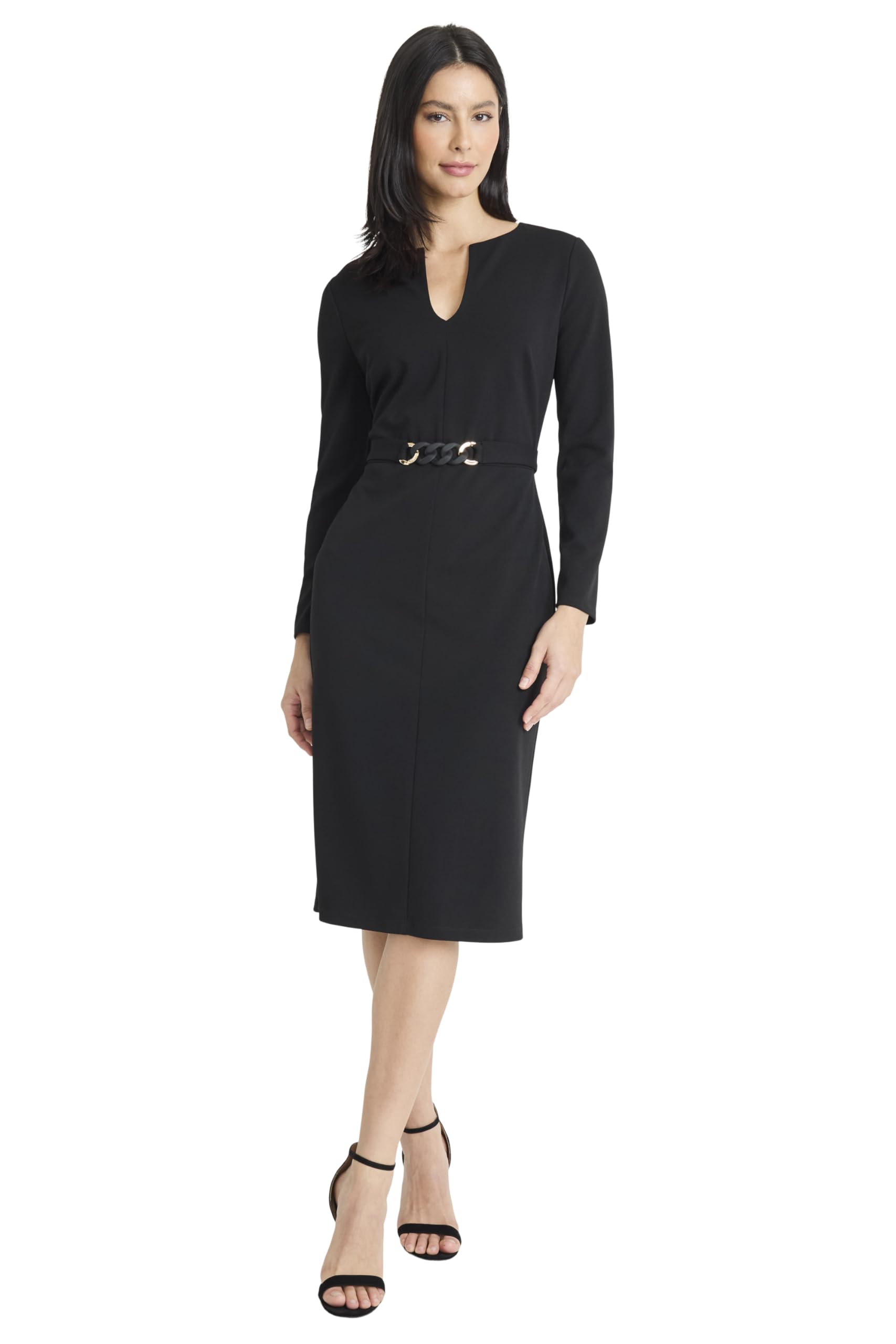 Maggy London Womens Long Sleeve V Neck Sheath Metal Belt Detail-Professional Work Dresses