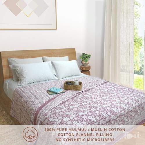 Image of TOAIArt Premium Jaipuri Dohar | AC Blanket Summer Quilt | Hand Block Printed | 3 Layers | Reversible | 150GSM 100% Mulmul Cotton| 100% Cotton Flannel Filling | King 108 inch X 90 inch|Vintage Pink Kalamkari
