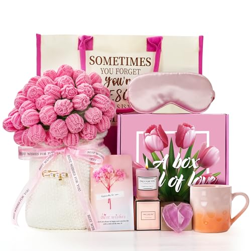 GORUTIN Birthday Gifts for Women-Crochet Flower Bouquet Blanket Cofee Mug-Self Care Thank You Friendship Anniversary Retirement Get Well Gift Baskets for Wife Girlfriend Sister