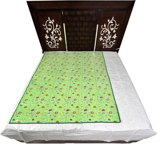 Image of Waterproof PVC Plastic Mattress Protector Double Bed Flat Bedsheet with Elastic for Babies Girls & Boys (Green Hippo)