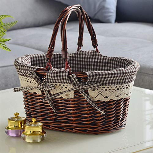 BEI&YANG Wicker Basket Picnic Basket Vegetable Basket Fruit Rattan Storage Basket Handmade Wicker Picnic Basket Wicker Basket With Handle And Linen Cotton Lining-D + Deep Coffee Grid 37 * 27 * 19