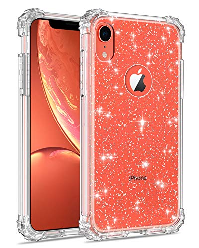 Lontect Compatible iPhone Xr Case Glitter Crystal Clear Sparkle Bling Heavy Duty Hybrid Sturdy High Impact Shockproof Protective Cover Case for Apple iPhone Xr 6.1 2018, Clear/Silver Glitter