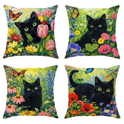 Cat Throw Pillow Covers Set of 4, Spring Nature Butterfly