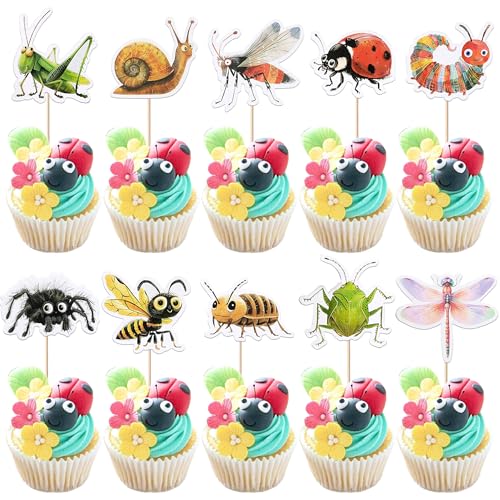 Xsstarmi 40 Pack Cartoon Insects Cupcake Toppers with Bee Dragonfly Spider Ladybug Cupcake Picks for Baby Shower Kids Birthday Party Cake Decorations