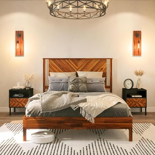 Image of Bme Vivian 14 Inch Deluxe Bed Frame with Headboard, Rustic & Scandinavian Style with Solid Acacia Wood, No Box Spring Needed, 12 Strong Wood Slat Support, Easy Assembly, Queen, Rustic Golden Brown