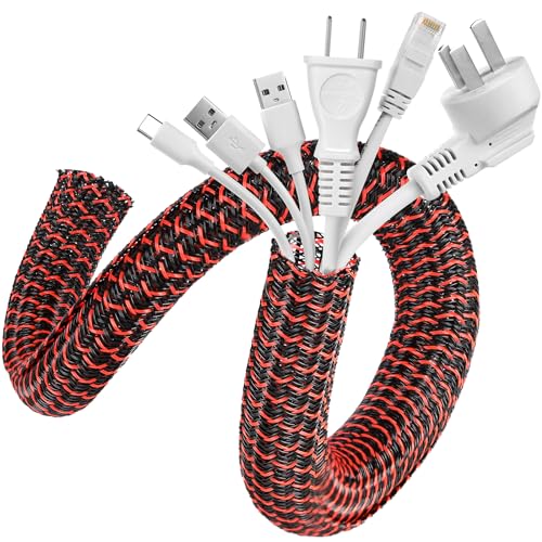 Image of AGPTEK Cable Sleeve, 10ft - 1.2 inch Cable Management Desk Cord Cover Organizer Wire Hider for Home Office Computer TV Wire Loom Tubing Pet Proof Cord Protector from Cat Dog Chewing, BlackRed