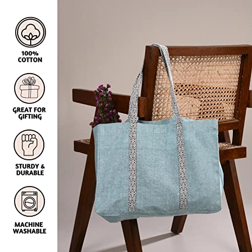 Folkulture Beach Tote for Women - 100% Cotton, 16 X 15 Inch Large Summer Bag with 2 Pockets | Perfect Pool & Travel Tote, Lightweight2