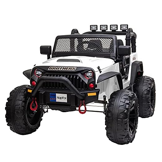 Kids 12V9AH Battery Powered Children Electric Vehicles Extra Wide Seat Ride On Car 2 Seats Truck , Off Road Big Wheels, Front Bumper, LED Light, Remote Control, Bluetooth Music (White)