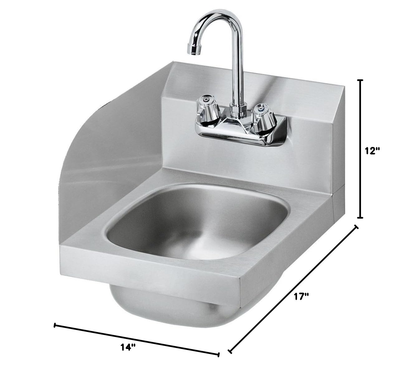 Krowne HS-9-LS 12"W Space Saver Hand Sink, Left Side Splash, Wall Mount, 1-1/2" Drain, 4-1/2" Double Bend Faucet, 9-3/4" Wide x 12-1/2" Front To Back x 5-5/8" Deep Bowl