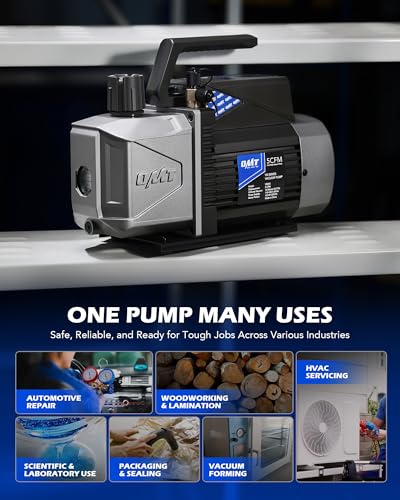 Image of Orion Motor Tech Vacuum Pump 5 CFM Gray | 2 Stage A2L 5 CFM 1 /2 HP Sparkless Ignition Proof Vacuum Pump for R1234yf R32 R134a R22 R410A w 1.5 Micron Ultimate Vacuum
