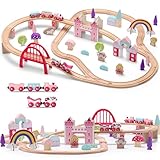 SainSmart Jr. Wooden Train Set 72 PCS Pink Train Set with Unicorn for Toddlers, Train Track Set Fit for Major Brands, Toddler Girl Toys with Castle - Ideal Train Toys Gift for 3 4 5 Year Old Girl
