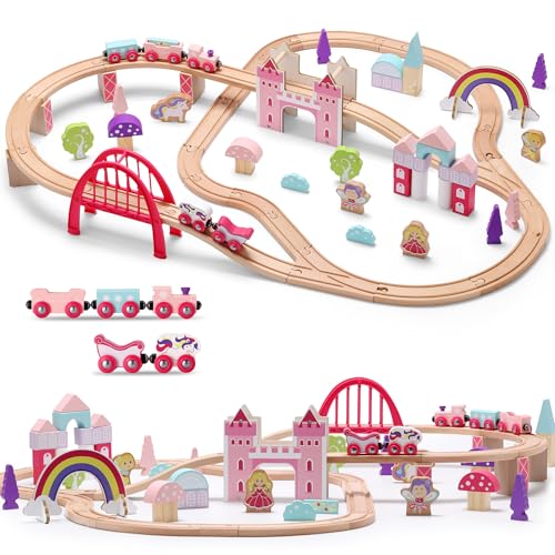 SainSmart Jr. Wooden Train Set 72 PCS Pink Train Set with Unicorn for Toddlers, Train Track Set Fit for Major Brands, Toddler Girl Toys with Castle - Ideal Train Toys Gift for 3 4 5 Year Old Girl