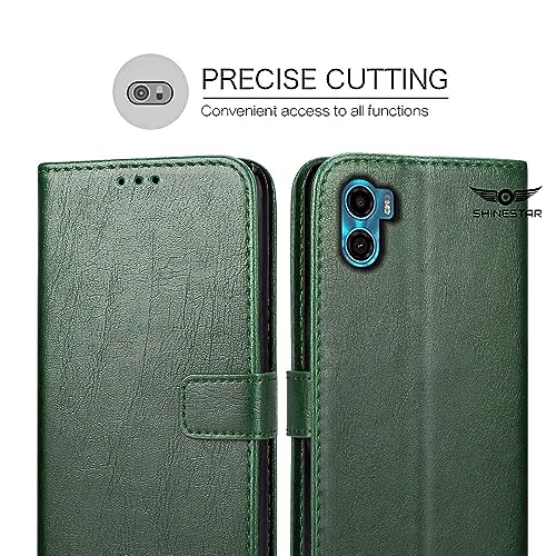 Image of SHINESTAR Motorola Moto E32 Flip Back Cover | PU Leather Flip Cover Wallet Case with TPU Silicone Case Back Cover for Motorola E32 - Unique Green